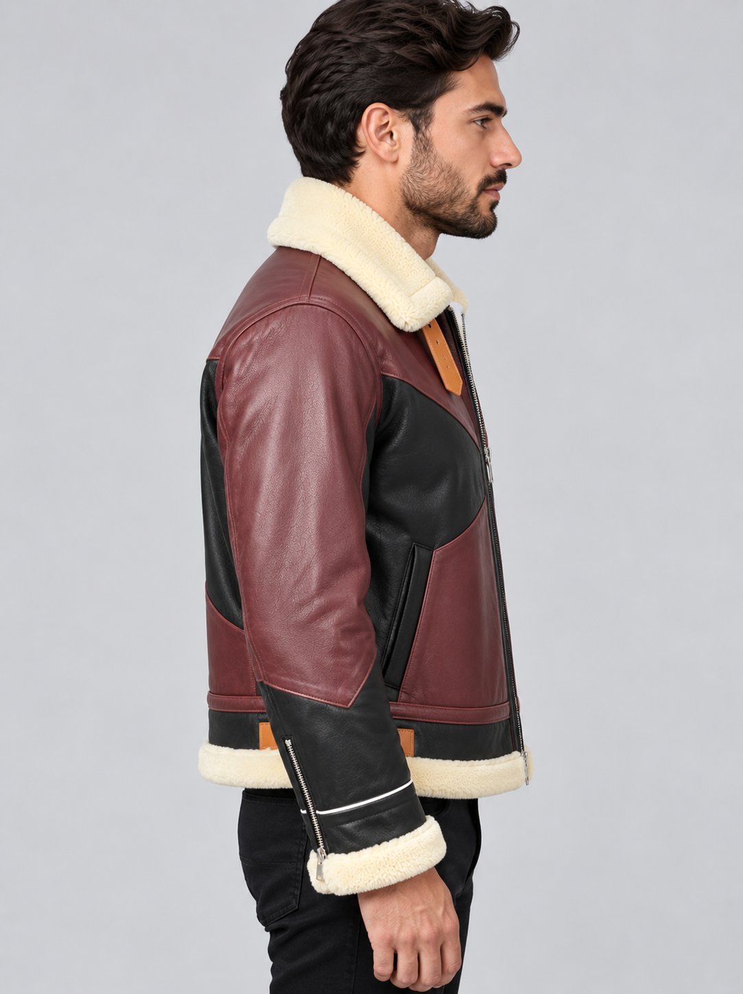 Men’s Burgundy and Black Two-Tone Shearling B3 Leather Bomber Jacket sid view by avanzar leather