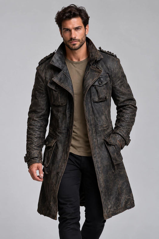 Men's Charcoal Black Distressed Sheepskin Leather Trench Coat front view by avanzar leather