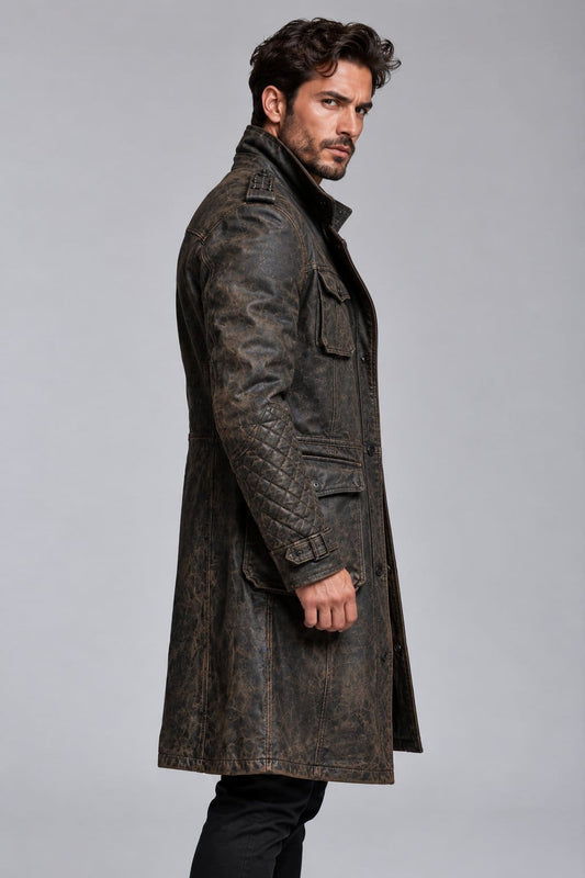 Men's Charcoal Black Distressed Sheepskin Leather Trench Coat sid view by avanzar leather