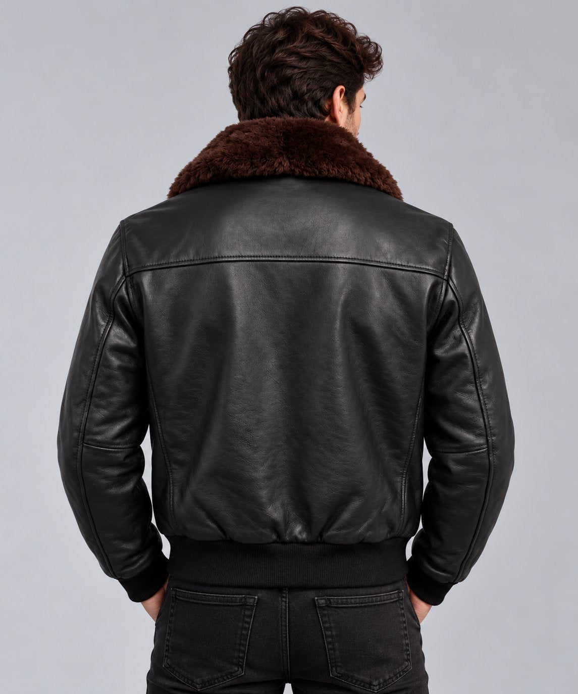 Men’s Classic Black Leather Bomber Jacket with Shearling Collar back view by avanzar leather