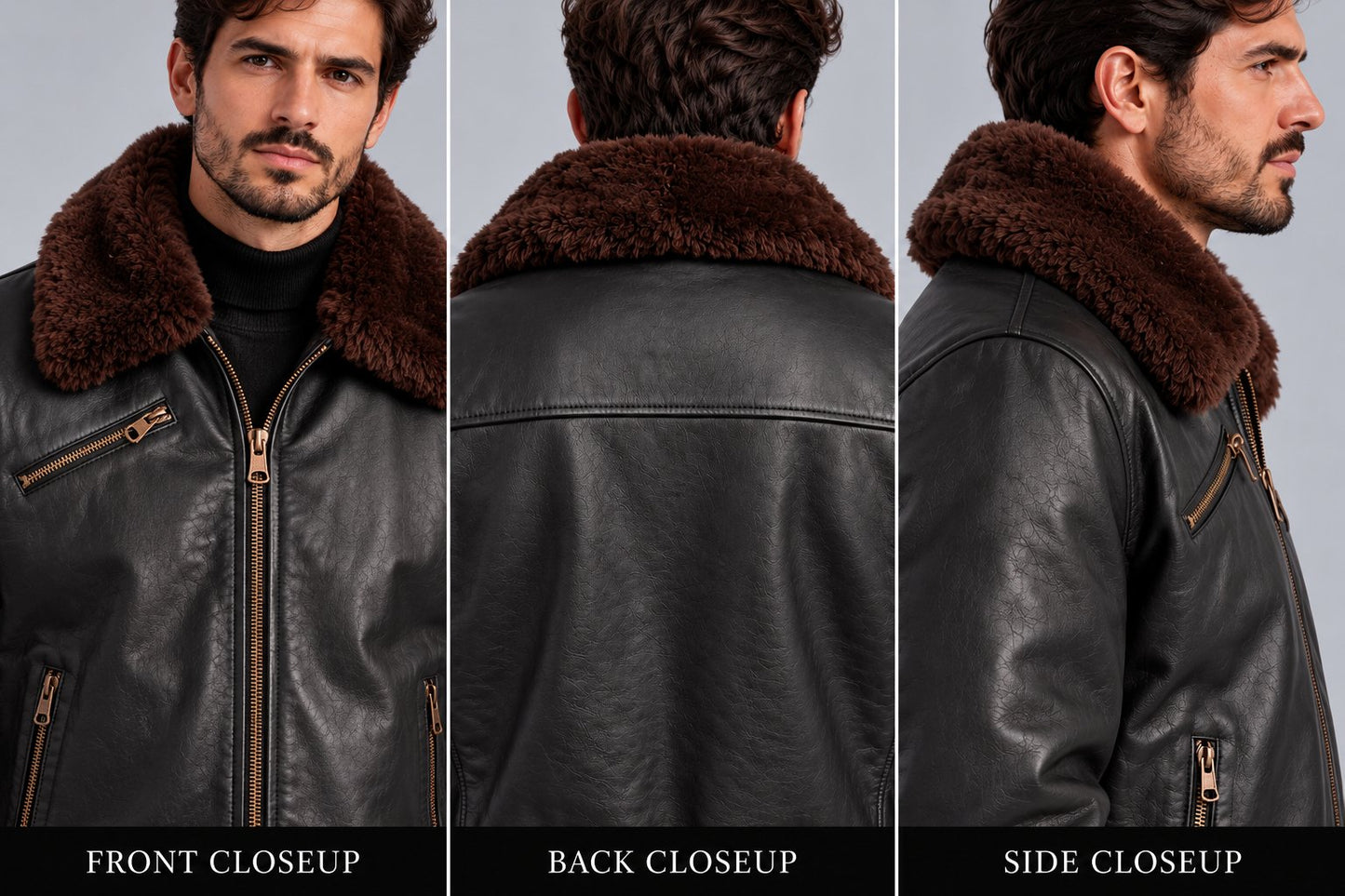 Men’s Classic Black Leather Bomber Jacket with Shearling Collar closeup view by avanzar leather