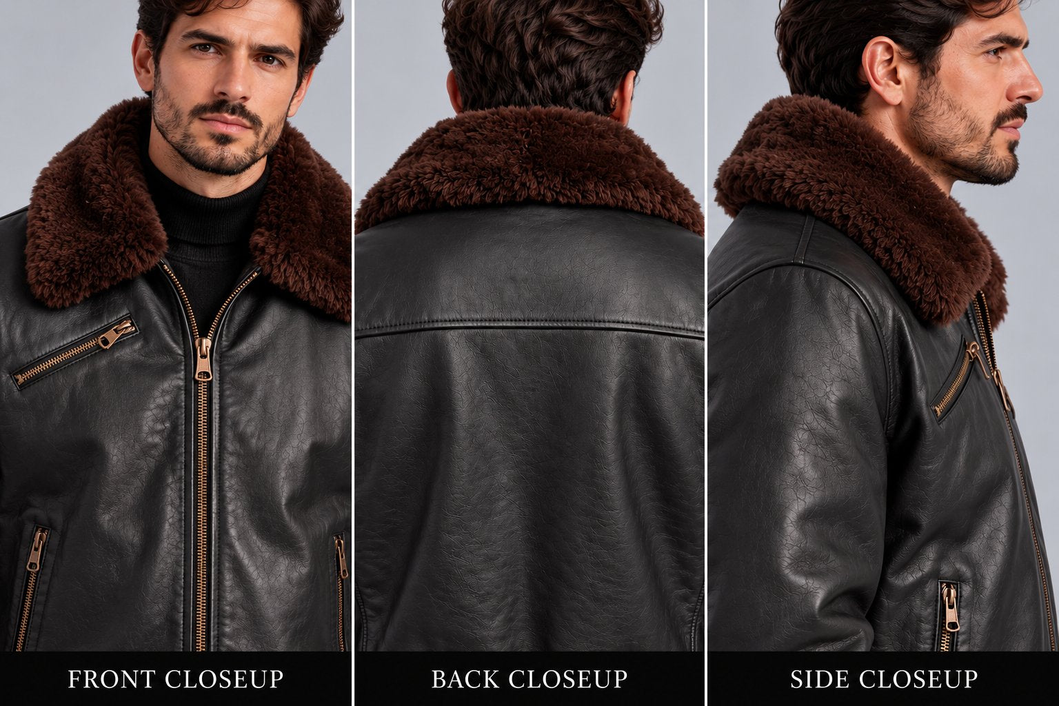 Men’s Classic Black Leather Bomber Jacket with Shearling Collar closeup view by avanzar leather