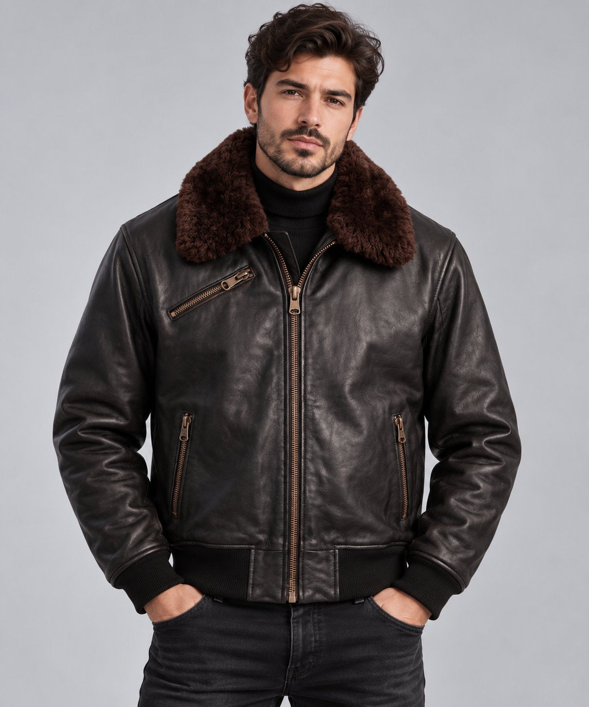Men’s Classic Black Leather Bomber Jacket with Shearling Collar front view by avanzar leather