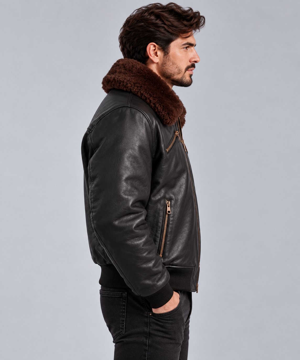 Men’s Classic Black Leather Bomber Jacket with Shearling Collar sid view by avanzar leather