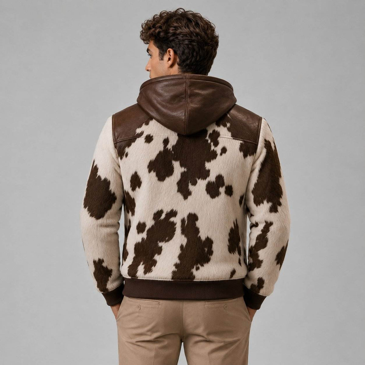 Men's Cowhide Print Bomber Jacket – Vintage Western Design back view by avanzar leather