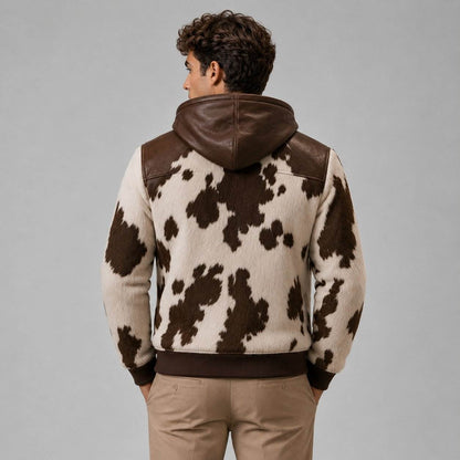 Men's Cowhide Print Bomber Jacket – Vintage Western Design back view by avanzar leather