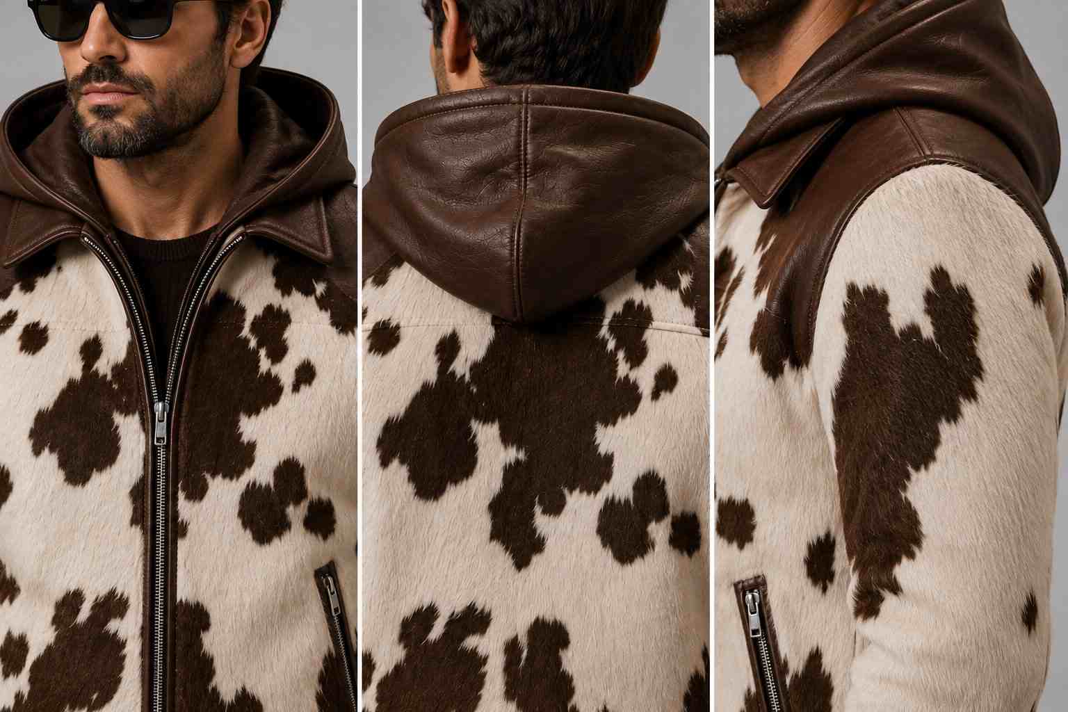 Men's Cowhide Print Bomber Jacket – Vintage Western Design closeup view by avanzar leather