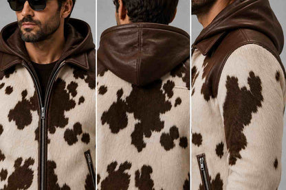 Men's Cowhide Print Bomber Jacket – Vintage Western Design closeup view by avanzar leather