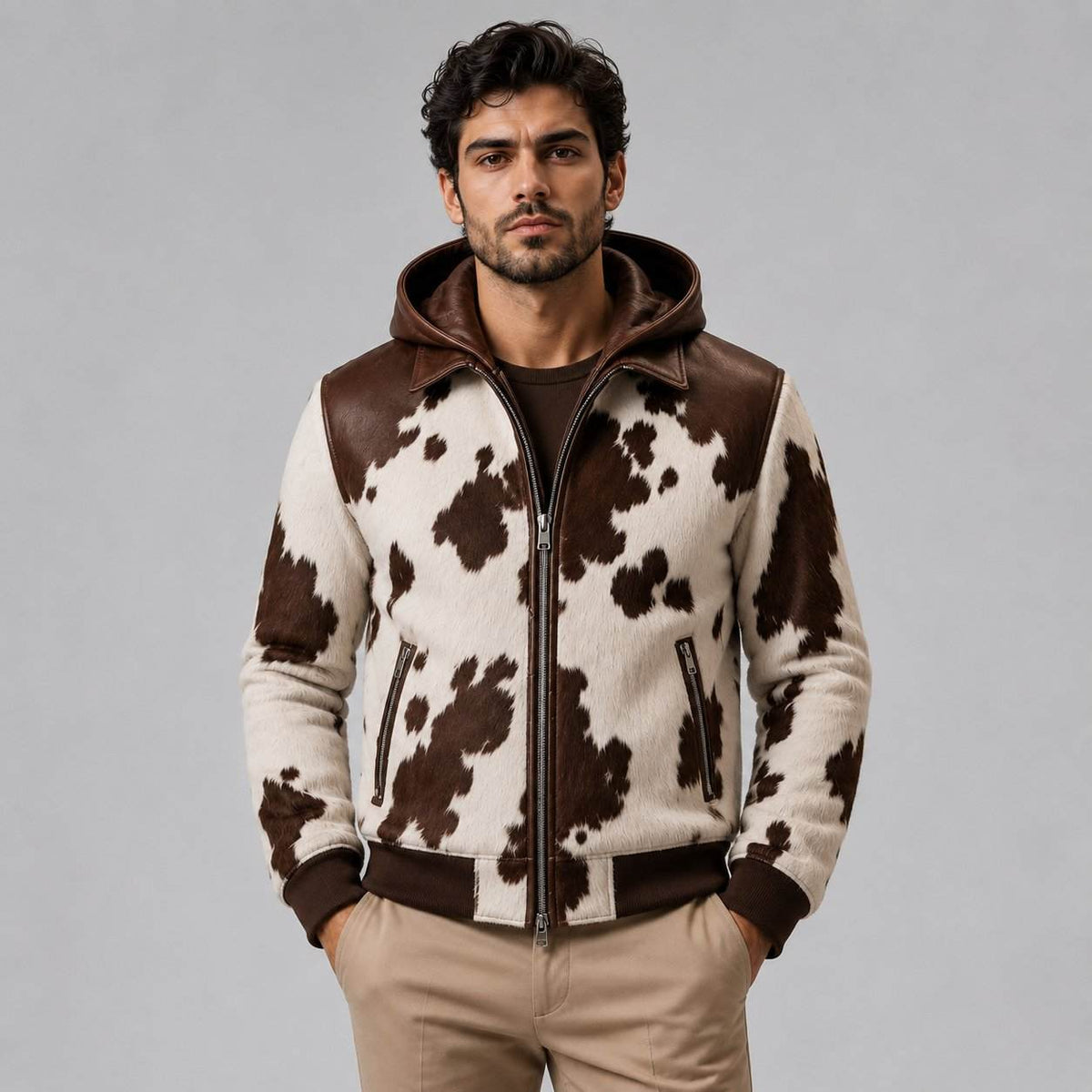 Men's Cowhide Print Bomber Jacket – Vintage Western Design front view by avanzar leather