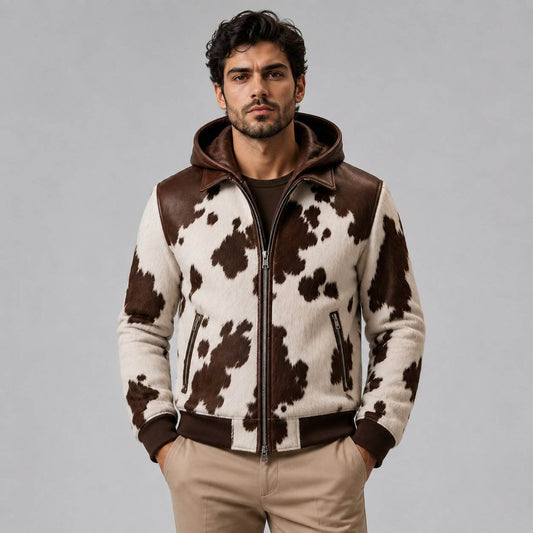 Men's Cowhide Print Bomber Jacket – Vintage Western Design front view by avanzar leather