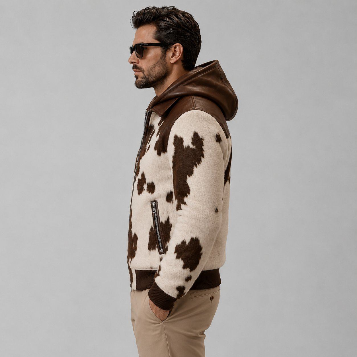 Men's Cowhide Print Bomber Jacket – Vintage Western Design sid view by avanzar leather