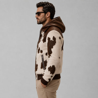 Men's Cowhide Print Bomber Jacket – Vintage Western Design sid view by avanzar leather