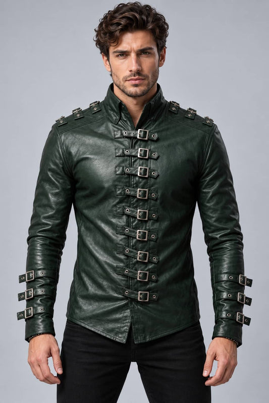 Men's Dark Green Buckle Leather Shirt – Gothic Steampunk Style front view by avanzar leather