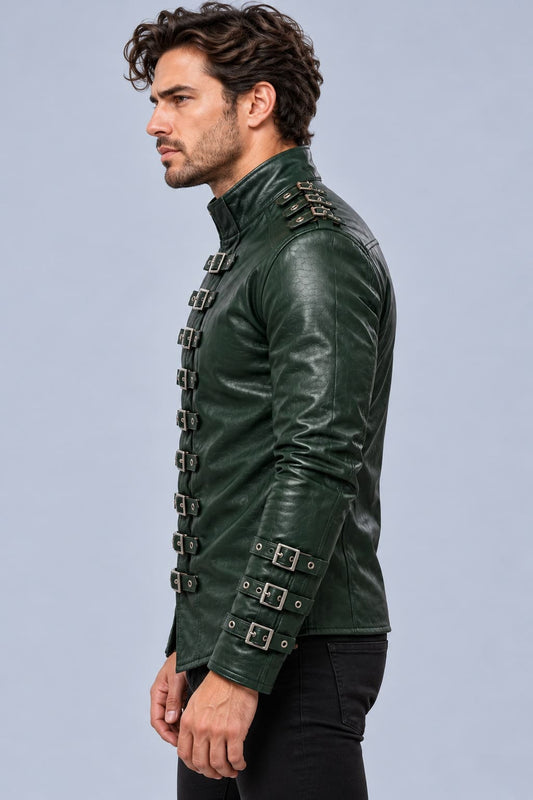 Men's Dark Green Buckle Leather Shirt – Gothic Steampunk Style sid view by avanzar leather