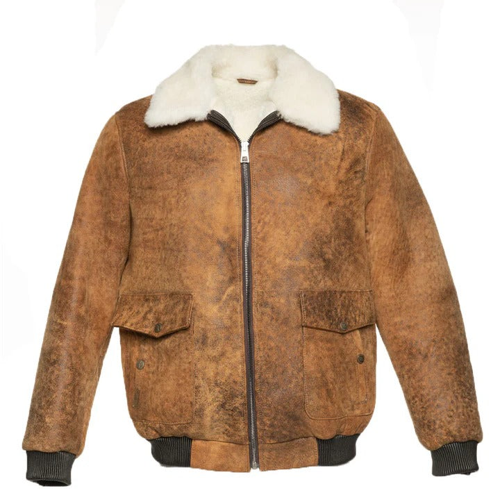 Men’s Distressed Brown A2 Bomber Shearling Jacket