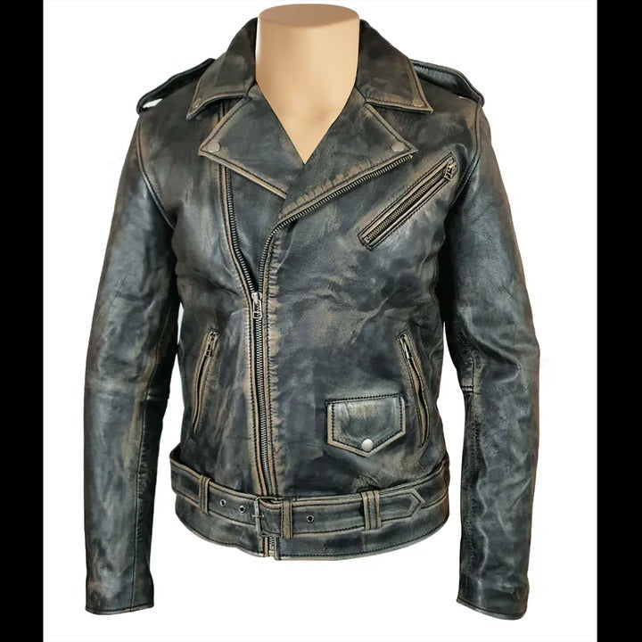 Men’s Distressed Brown Biker Style Leather Jacket with Belt Classic Rebel Look