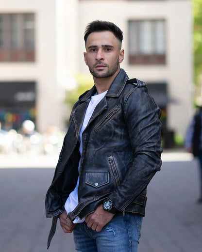 Men’s Distressed Brown Biker Style Leather Jacket with Belt Classic Rebel Look