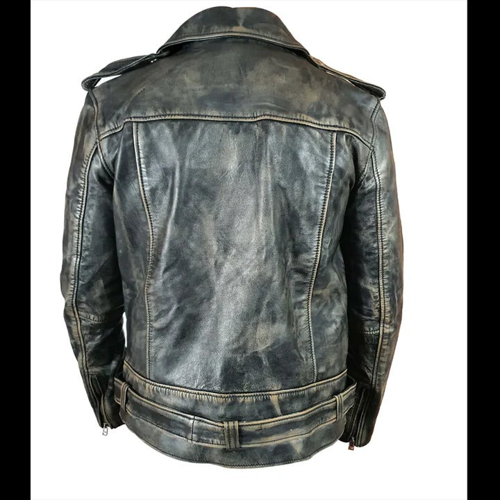 Men’s Distressed Brown Biker Style Leather Jacket with Belt Classic Rebel Look