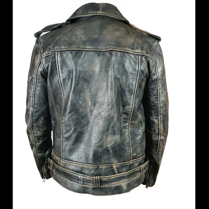 Men’s Distressed Brown Biker Style Leather Jacket with Belt Classic Rebel Look