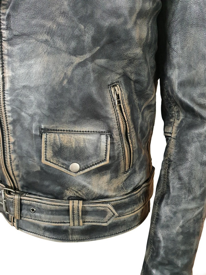 Men’s Distressed Brown Biker Style Leather Jacket with Belt Classic Rebel Look