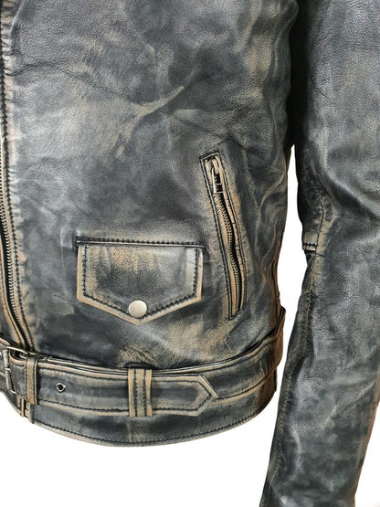 Men’s Distressed Brown Biker Style Leather Jacket with Belt Classic Rebel Look