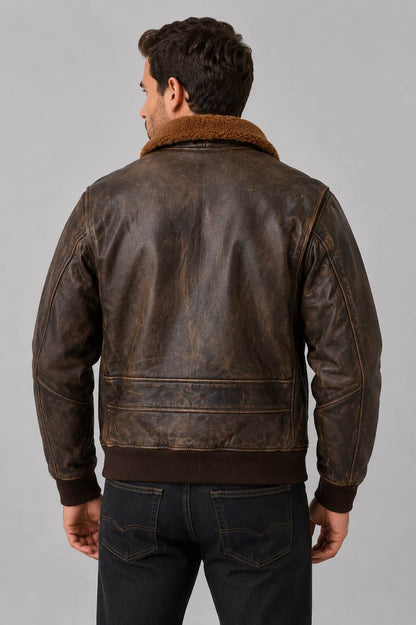 Men's Distressed Brown Flight Bomber Jacket - Vintage Style back view by avanzar leather