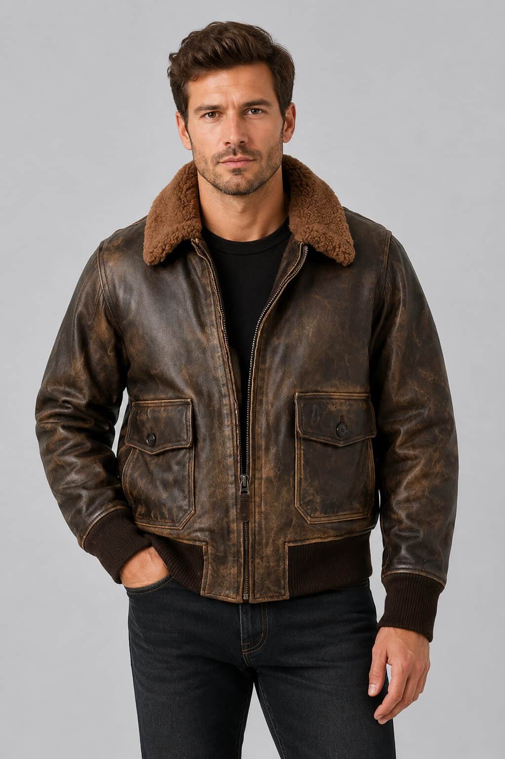 Men's Distressed Brown Flight Bomber Jacket - Vintage Style front view by avanzar leather