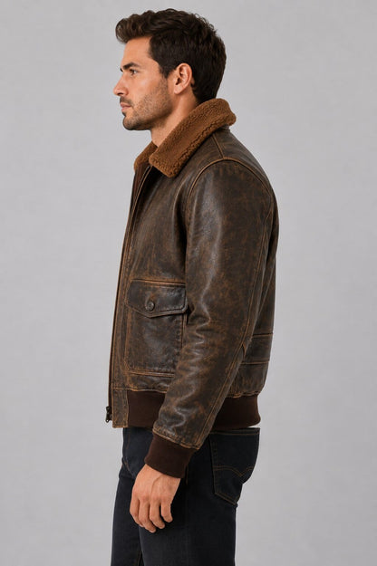 Men's Distressed Brown Flight Bomber Jacket - Vintage Style sid view by avanzar leather