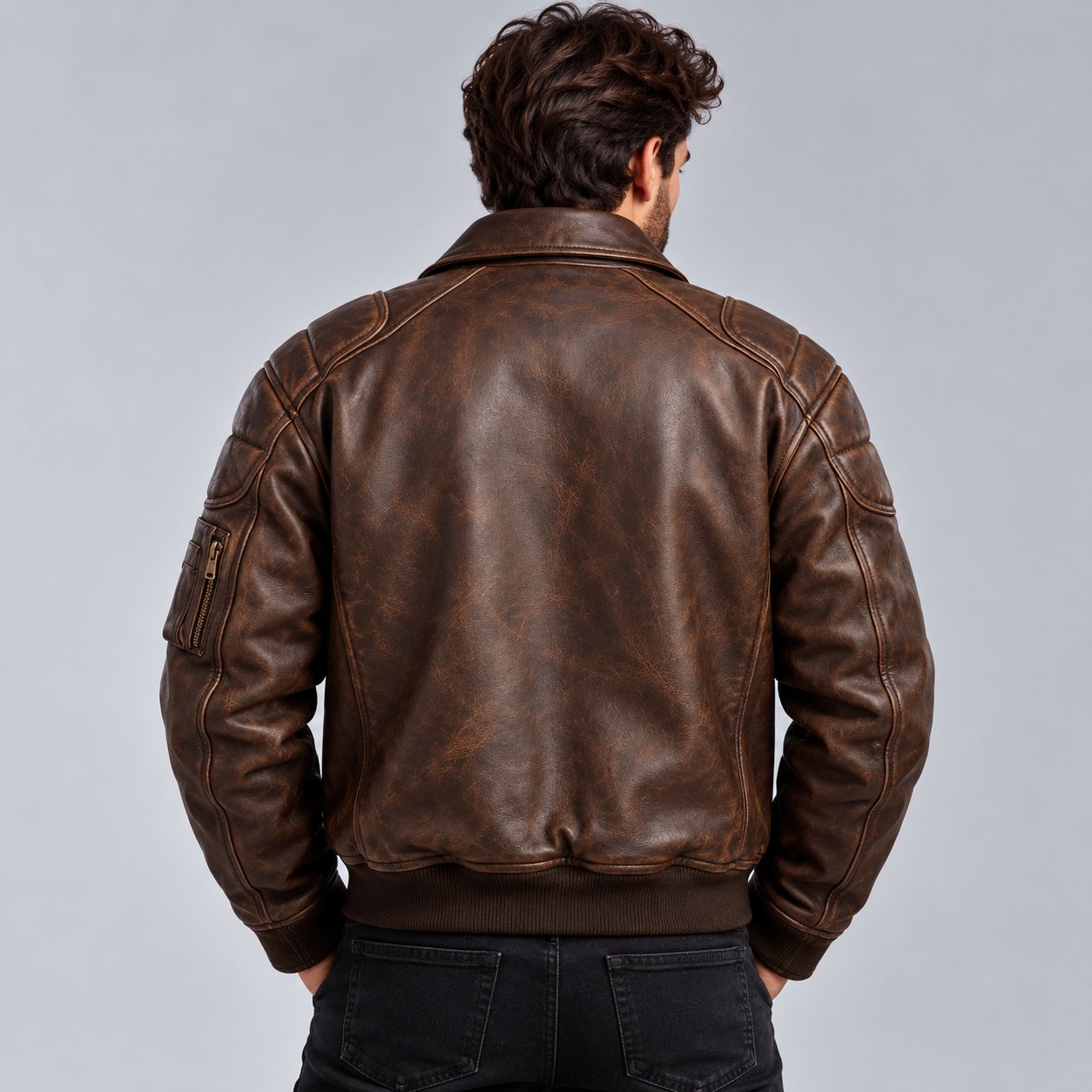 Men's Distressed Brown Leather Aviator Bomber Jacket with Utility Pockets back view by avanzar leather