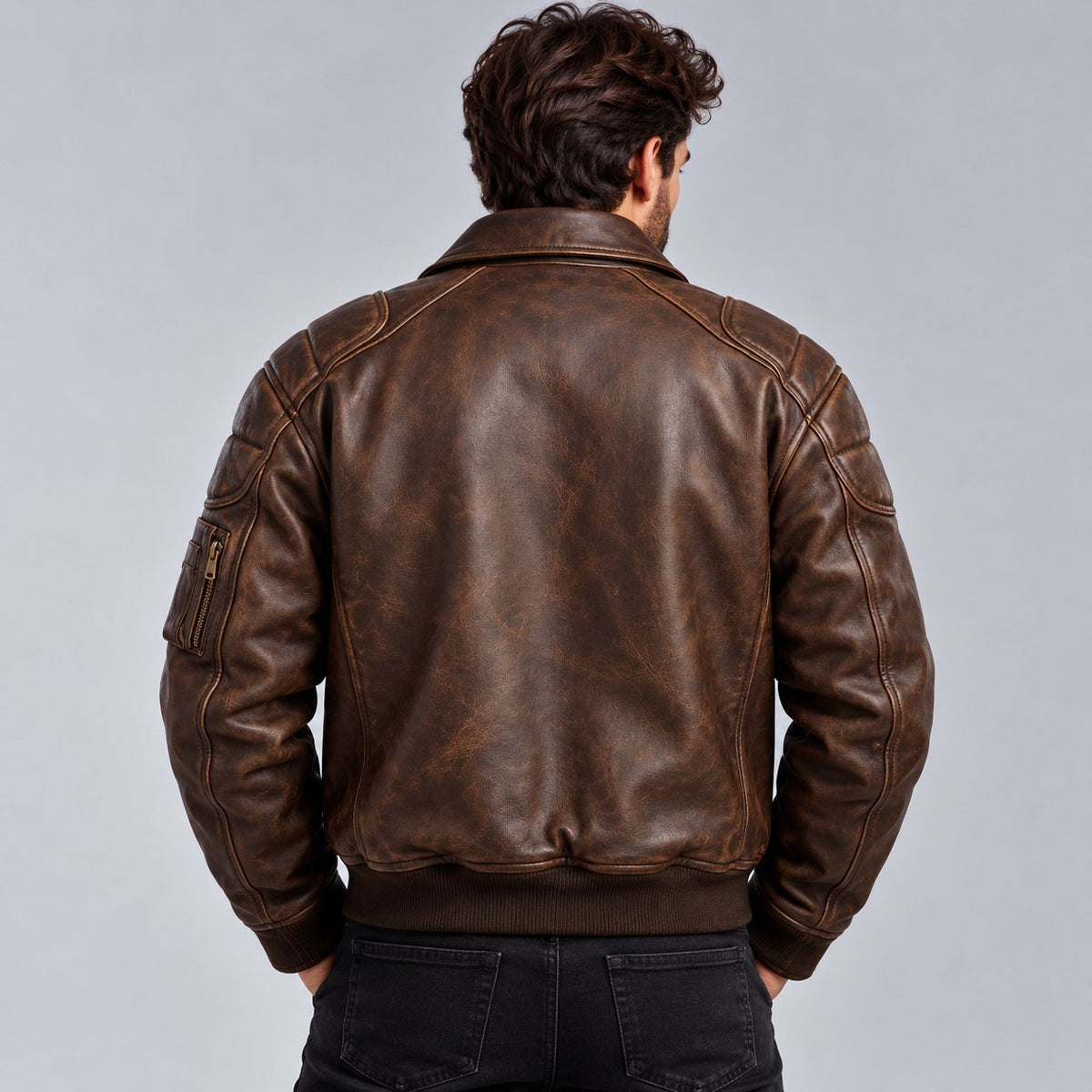 Men's Distressed Brown Leather Aviator Bomber Jacket with Utility Pockets back view by avanzar leather