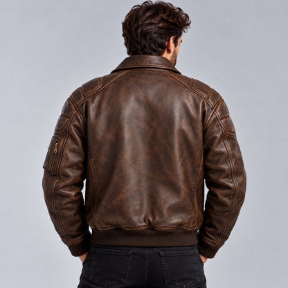 Men's Distressed Brown Leather Aviator Bomber Jacket with Utility Pockets back view by avanzar leather