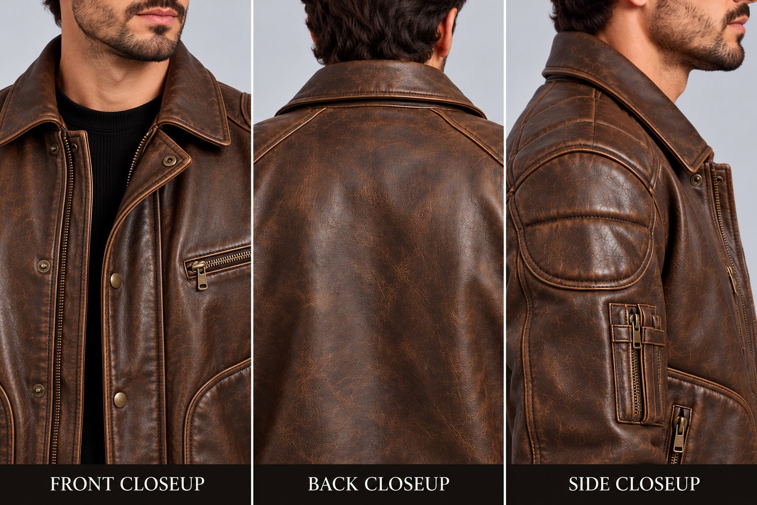 Men's Distressed Brown Leather Aviator Bomber Jacket with Utility Pockets closeup view by avanzar leather