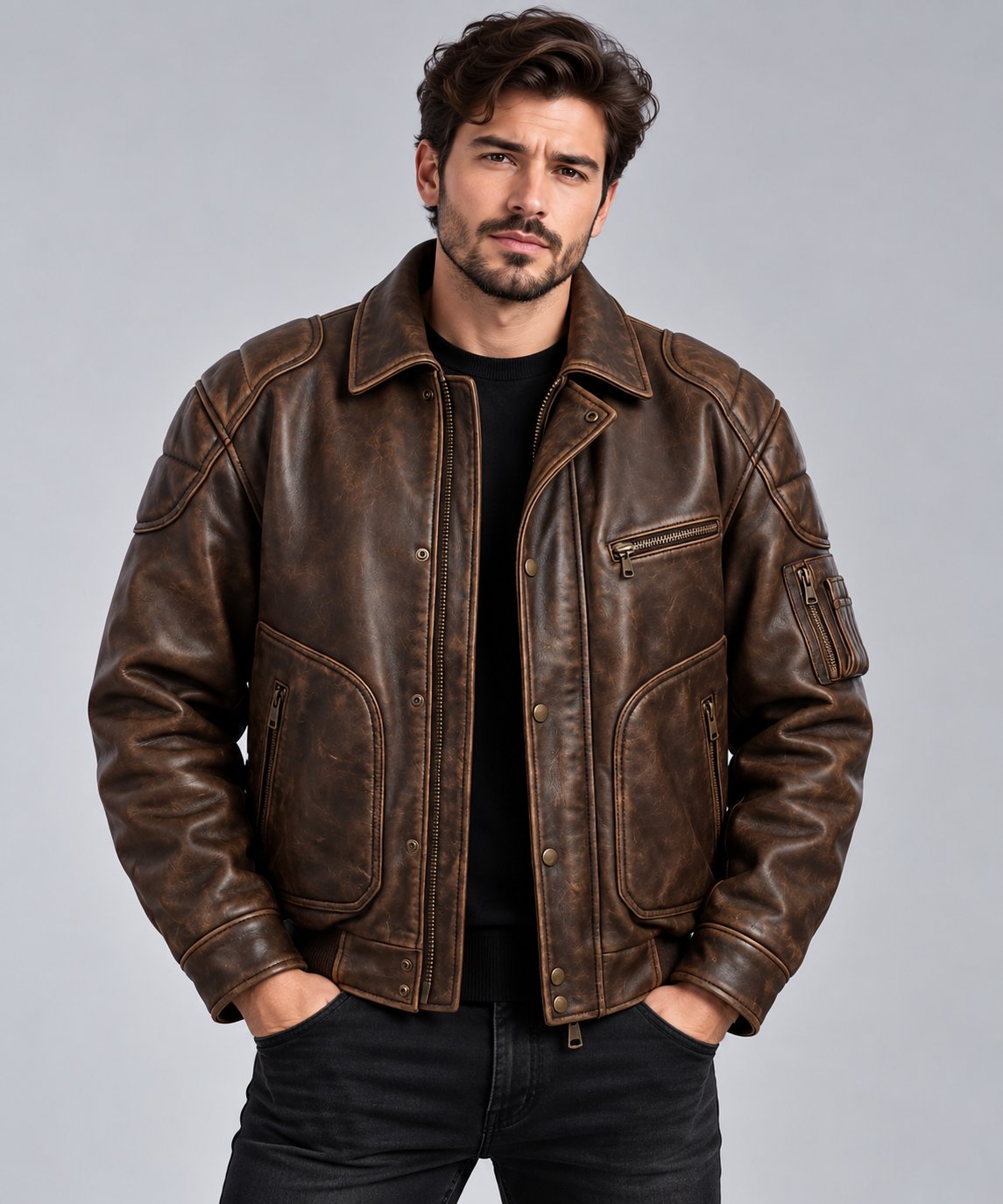 Men's Distressed Brown Leather Aviator Bomber Jacket with Utility Pockets front view by avanzar leather