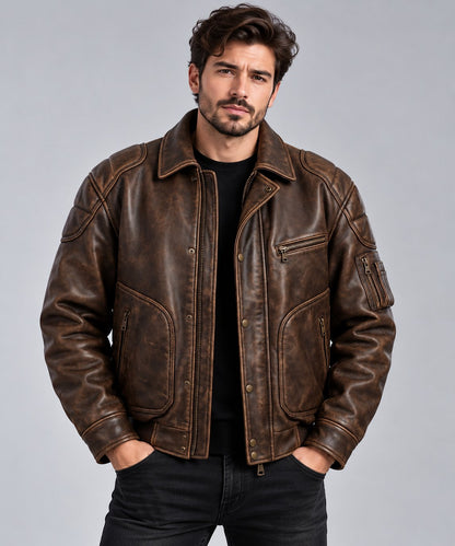 Men's Distressed Brown Leather Aviator Bomber Jacket with Utility Pockets front view by avanzar leather