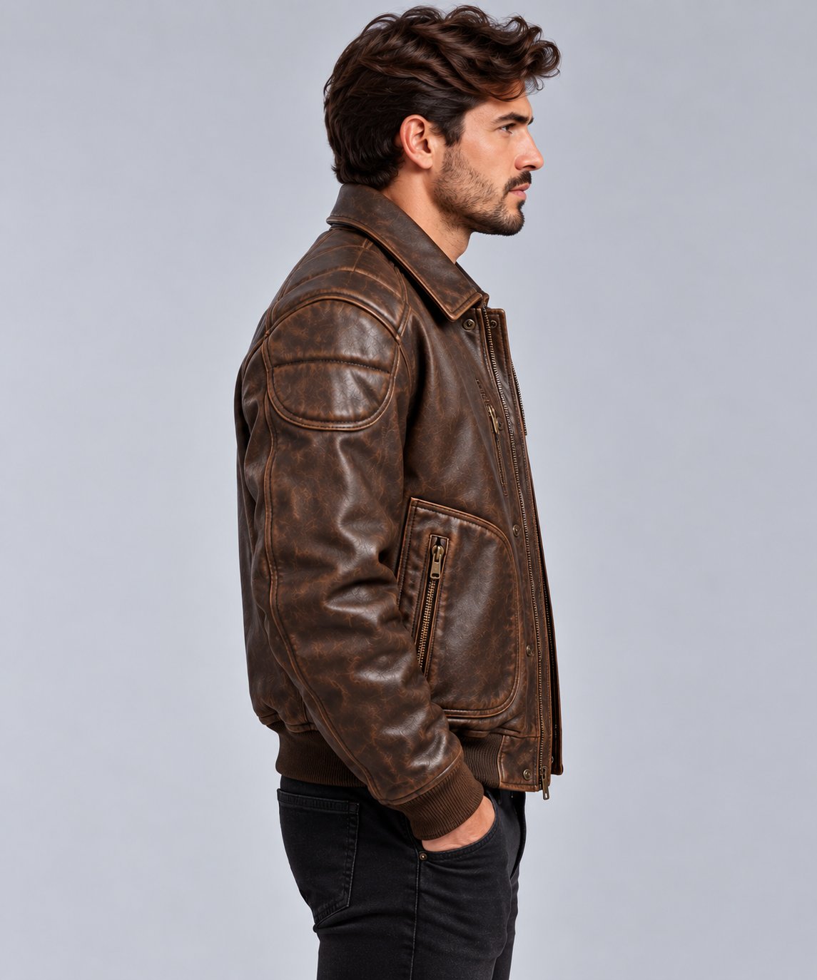 Men's Distressed Brown Leather Aviator Bomber Jacket with Utility Pockets sid view by avanzar leather