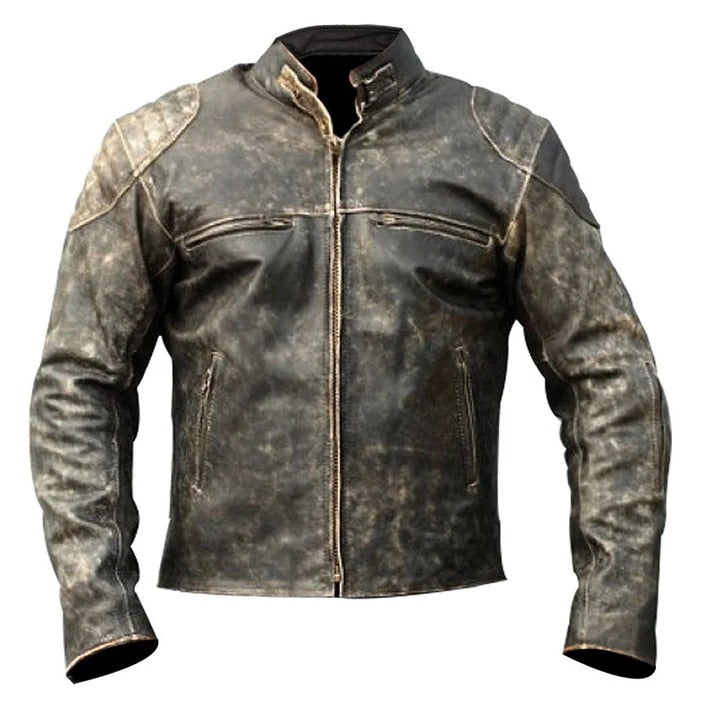 Men’s Distressed Brown Leather Jacket with Shoulder Patch Rugged Vintage Style