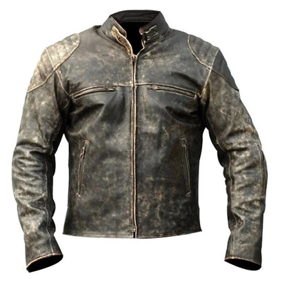 Men’s Distressed Brown Leather Jacket with Shoulder Patch Rugged Vintage Style