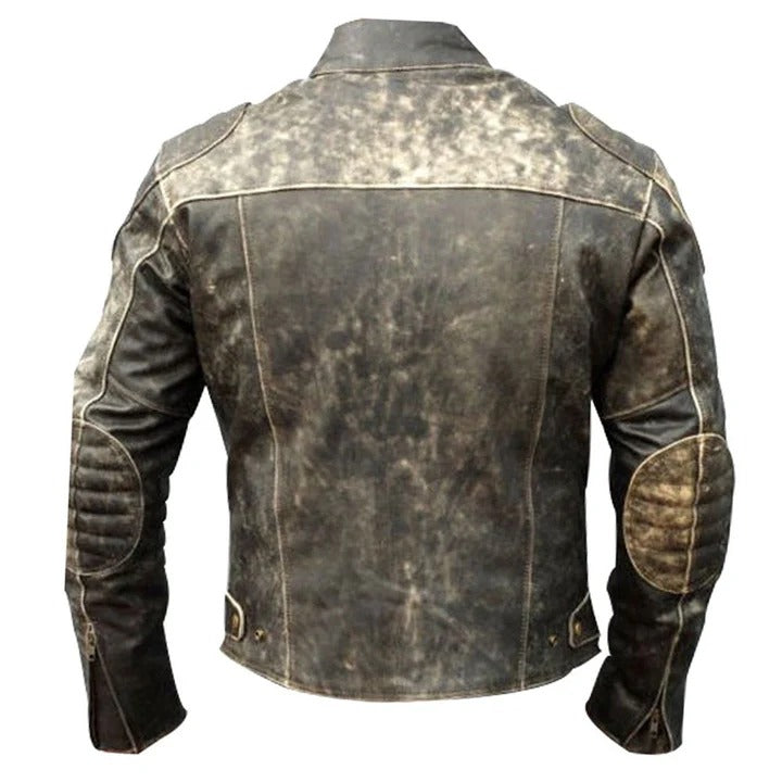 Men’s Distressed Brown Leather Jacket with Shoulder Patch Rugged Vintage Style