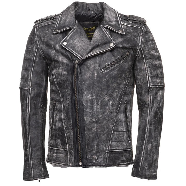 Men’s Distressed Stone Wash Biker Leather Jacket