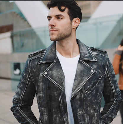 Men’s Distressed Stone Wash Biker Leather Jacket