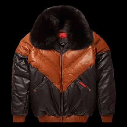 Men’s Double Tone Leather V-Bomber Puffer Jacket