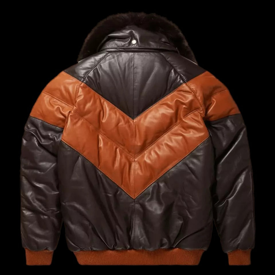 Men’s Double Tone Leather V-Bomber Puffer Jacket
