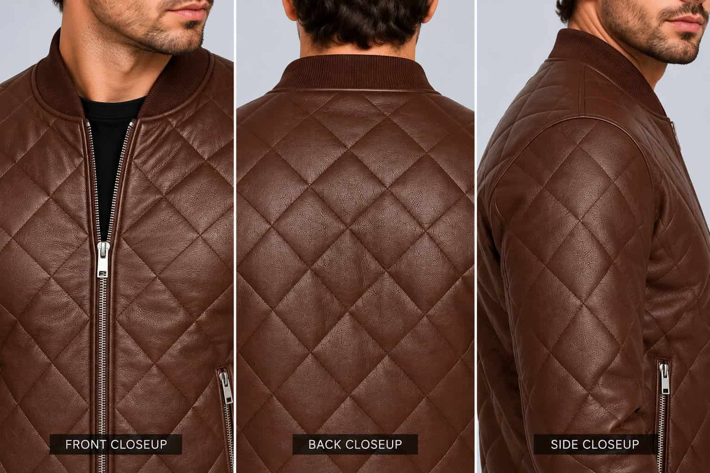 Men’s Handmade Genuine Leather Quilted Moto Biker Jacket closeup view by avanzar leather