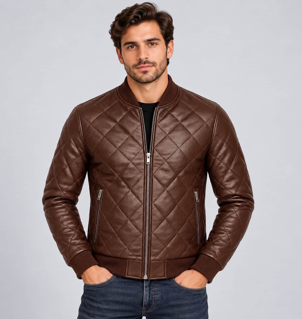 Men’s Handmade Genuine Leather Quilted Moto Biker Jacket front view by avanzar leather