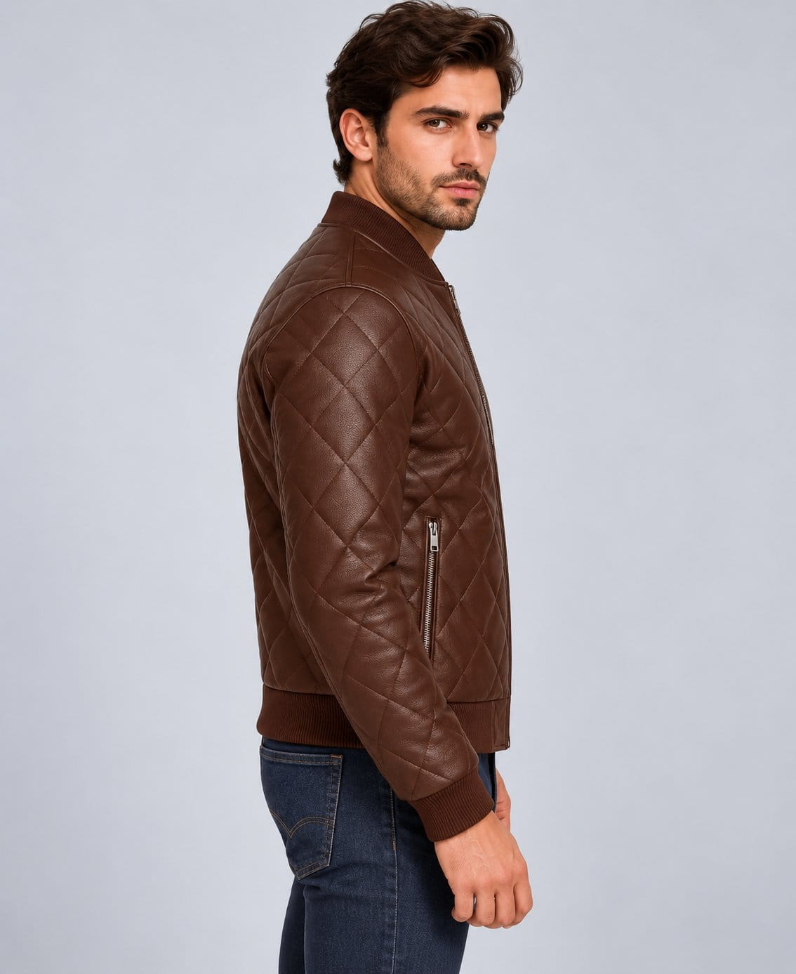 Men’s Handmade Genuine Leather Quilted Moto Biker Jacket sid view by avanzar leather