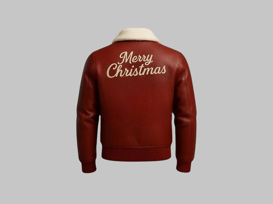 Men's Merry Christmas Red Leather Bomber Jacket with Shearling Collar