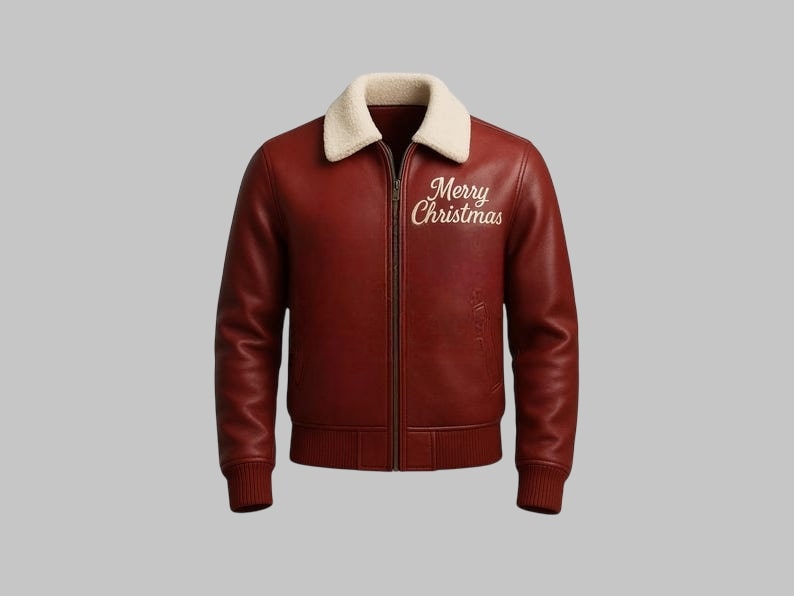 Men's Merry Christmas Red Leather Bomber Jacket with Shearling Collar