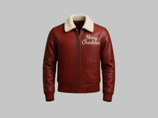 Men's Merry Christmas Red Leather Bomber Jacket with Shearling Collar