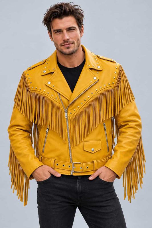 Men's Mustard Yellow Fringe Studded Leather Biker Jacket front view by avanzar leather