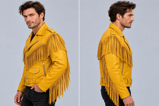 Men's Mustard Yellow Fringe Studded Leather Biker Jacket sid view by avanzar leather